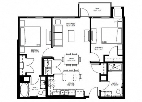 Floor plan for 2 beds, 2 baths, 976 sqft